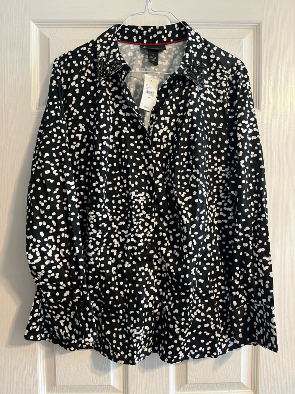 Lane Bryant Artsy Dotted Button-Down Beaded Collar Black White Plus Size 24